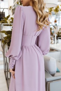 Fabric: Crepe Viscose 50%, Polyester 40%, Elastane 10% V-neck Puffed long sleeves Ruched corset flared waist Button-detailed Front Slit Midi length dress Fancy Dresses Classy, Midi Long Sleeve Dress, Long Puff Sleeve Dress, Casual Long Dresses, Puffed Long Sleeves, Comfy Heels, Western Clothes, Church Outfit, Dresses Classy