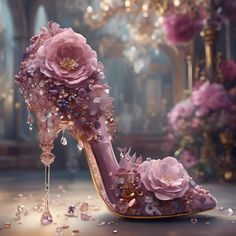 AI art  of a beautiful high heel created by me. A lavishly decorated high-heeled shoe is adorned with large pink flowers, beads, and dripping crystals, evoking a sense of luxury and fantasy.  It is set against a blurred background of a grand, opulent room with chandeliers and floral arrangements, enhancing the shoe's magical and dreamlike quality. Beautiful stiletto high heel art print by Glenda Stevens.    Our art prints are produced on acid-free papers using archival inks to guarantee that they last a lifetime without fading or loss of color.  All art prints include a 1" white border around the image to allow for future framing and matting, if desired. Ships within 3-5 business days. Whimsical Shoes, Floral High Heels, Fairy Shoes, Fairytale Fashion, Beautiful High Heels, Acrylic Gems, Art Embroidery, Girly Shoes, Decorated Shoes