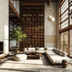 Modern Asian Living Room Ideas, High Ceiling Home Design, Apartment With High Ceilings, Asian Style Home Interiors, Japanese Ceiling Design, High Ceiling Interior Design, Interior High Ceiling, High Ceiling House Interiors, Japandi Architecture