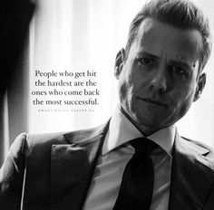 a man wearing a suit and tie with a quote about people who get hit the hardest are the ones who come back the most successful