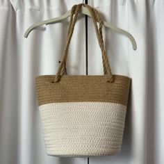 Target Storage Basket Tote Bag Medium Size Straw Bag With Rope Handles Neutral Tan And White Beach Tote Bag Two Tone Basket Bag Beachy Straw Basket 10" H X 9" W X 9" D New With Tag #Businessattire #Officewear #Backtowork #Interviewclothes #Businesscasual #Minimalist #Oldmoney #Newmoney #Retro #Y2k #Barbiecore #Balletcore #Cottagecore #Vintage #Fairycore #Academia #Kawaii #Grunge #Goth #Pastel #Mermaidcore #Kidcore #Madewell #Princesspolly #Darkacademia #90s #2000s #70s #Preppy #2000style #Strawb White Crochet Bucket Bag With Adjustable Strap, Rectangular White Crochet Bag For Vacation, Cream Canvas Bag For Vacation, White Large Capacity Bucket Straw Bag, White Crochet Tote Bag With Large Capacity, White Crochet Tote Bag Large Capacity, Large Capacity White Shoulder Bag For Summer, White Shoulder Bag With Adjustable Strap For Beach, Large Capacity White Bucket Straw Bag