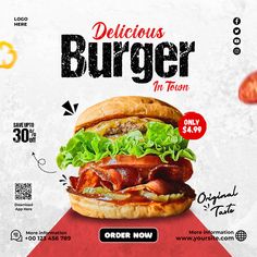 a burger ad with bacon and lettuce on it