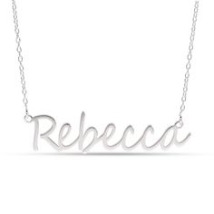 This necklace set in sterling silver can be personalized with a single line of text, from 2 to 8 characters in length. The design is centered along a 16.0-inch rolo chain that secures with a spring-ring clasp. Customizable Silver Signature Necklace, Classic White Gold Necklaces With Custom Name, Classic Formal Name Necklace With Custom Name, Silver Signature Name Necklace, Silver Signature Nameplate Necklace, Silver Custom Name Signature Necklace, Elegant Sterling Silver Nameplate Necklace, Signature Silver Custom Name Necklace, Silver Signature Necklace With Custom Name