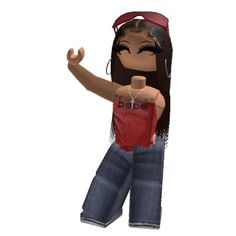 an animated girl wearing jeans and a red shirt with her hand up in the air