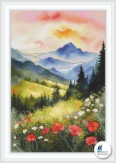 a cross stitch pattern with flowers and mountains in the background