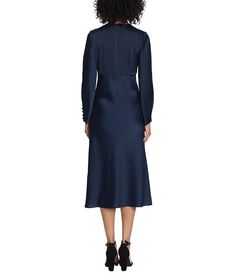 Maggy London Long Sleeve Satin Twisted V-Neck Knotted Midi Dress | Dillard's Sleek Long Sleeve Satin Dress, Sleek Fitted Long Sleeve Satin Dress, Sleek Silk V-neck Dress For Formal Occasions, Sleek Long Sleeve Satin Dress For Date Night, Sleek Long Sleeve Satin Midi Dress, Sleek Long Sleeve Silk Dress, Fitted Long Sleeve Silk Satin Dress, Long Sleeve Silk Dress For Formal Occasions, Silk V-neck Dress For Fall