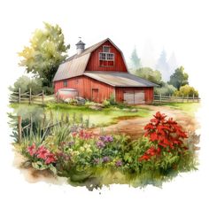 a watercolor painting of a red barn with flowers in the foreground and a fence around it