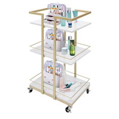 three tiered trolley with various beauty products on it's sides and two wheels