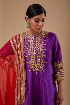 Purple three fourth sleeves short anarkali with gold toned floret gota embroidery and sequin, pearls highlights. Paired with a gota floral jaal embellished salwar and contrasting red kiran lace border organza dupatta. - Aza Fashions Designer Gold Salwar Kameez With Dupatta, Transitional Season Gold Salwar Kameez With Dupatta, Gold Dupatta With Dabka Work For Transitional Season, Transitional Season Gold Dupatta With Dabka Work, Transitional Gold Dupatta With Dabka Work, Gold Kurta With Traditional Drape In Chinon, Festive Chanderi Kurta With Dabka Work, Gold Raw Silk Anarkali Set For Diwali, Bollywood Style Gold Kurta With Dabka Work