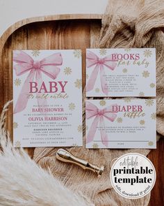 pink and gold baby shower party set with books for baby on the back, diaper raf