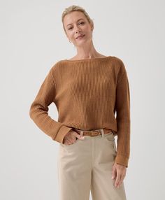 woman wearing neutral organic cotton boatneck sweater Fall Sweaters For Women, Cotton Sweaters, Fall Style Guide, Knit Sweaters, Boatneck Sweater, Closet Staples, Fashion 2024, Sweater Making