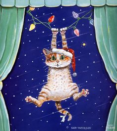 a painting of a cat wearing a santa hat and hanging from a string on a curtain