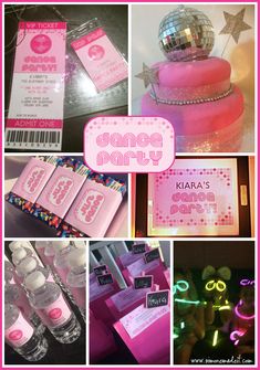 a collage of pink and white items with the words dance party written on them