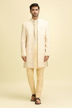 Beige full sleeves longline front open bundi with Gul bloom vine embroidery. Paired with a full sleeves embroidered yoke kurta and a pant. - Aza Fashions Long Sleeve Outerwear With Pallu For Weddings, Kurta Set Men, Vine Embroidery, Nehru Jacket, Nehru Jackets, Band Collar, Kurta Set, Full Sleeves, Long A Line