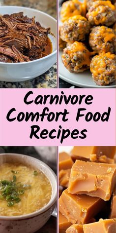 four pictures with different types of food and text that reads canmore comfort food recipes