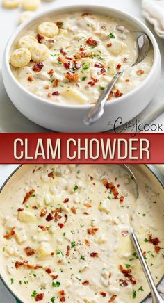 two pictures of clam chowder with text overlay that says clam chowder