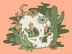 a drawing of a skull surrounded by cacti and succulents on an orange background