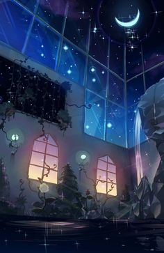 an animated scene of a room with windows and stars