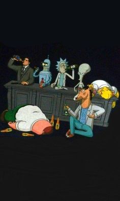 cartoon characters are sitting at a bar with bottles and beer in front of the man