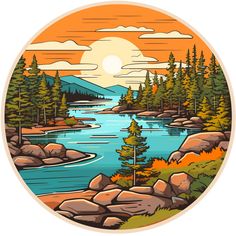 an illustration of a lake surrounded by trees and mountains with the sun setting in the background