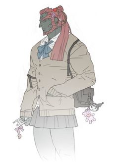 a drawing of a man wearing a jacket and tie with a pink scarf around his neck