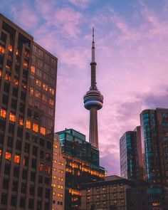 there is a very tall tower in the middle of some other city buildings at dusk