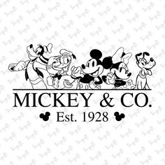 mickey mouse and friends logo with the name mickey & co est 1932