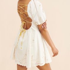 Brand New With Tags From Free People Size Xs, Straps In Back Are Adjustable Perfect Length Bought For $298 In Store White Mini Dress With Lace-up Back For Spring, Feminine White Mini Dress With Lace-up Back, Summer Dresses With Lace-up Back And Short Sleeves, Summer Short Sleeve Dress With Lace-up Back, Short Sleeve Summer Dress With Lace-up Back, White Short Sleeve Mini Dress With Tie Back, Free People Aesthetic, Lace Insert, Free People Dresses