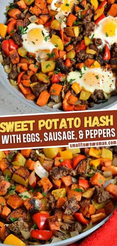 sweet potato hash browns with eggs, sausage and peppers