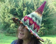 Witch Hat Harvest Design, Custom Hand Crocheted Handmade Fitted Multicolor Hats, Custom Multicolor Brimmed Hat, Which Witch, Steampunk Hat, Witch Hats, Warm Winter Hats, Clear Lake, Pure Joy, Powder Puff