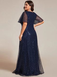 Shimmering All Over Sequin Short Sleeves A-Line Formal Evening Dress #color_Navy Blue Festive Sequin Prom Dress, Floor-length Sequin Evening Dress, Sparkling Sequin Evening Dress, Blue Sequin Dress For Wedding, Glamorous Short Sleeve Evening Dress With Sequins, Holiday Contrast Sequin Evening Dress, Sequin Floor-length Homecoming Dress, Elegant Homecoming Sequin Dress, Evening Dresses With Sequins And Short Sleeves