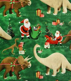 an image of christmas fabric with animals and santa clause on it's green background