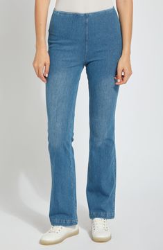 Made from comfy stretch denim, these high-waisted pants are designed with leg-elongating flared legs. 32" inseam Pull-on style Back patch pockets 95% cotton, 5% spandex Machine wash, line dry Imported Hosiery Medium Wash Stretch Flare Jeans With Cropped Leg, Stretch Medium Wash Cropped Leg Flare Jeans, Medium Wash Cotton Flare Pants, Medium Wash Cotton Flare Jeans, Mid-rise Denim Blue Cotton Flares, Medium Wash Cotton Flares, Stretch Denim Blue Flares For Spring, Spring Stretch Denim Blue Flares, Spring Stretch Medium Wash Flares