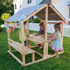 "Funphix Kids Klubhouse gets toddlers excited about creating something with their hands – something they can play in and feel proud of. The kit includes all the parts your little construction worker needs to build a multipurpose, indoor/outdoor playhouse. The house is easy to assemble and take apart and is sturdy for safe playtimes. With a table and 2 benches inside, kids have somewhere to draw, craft, read, or chat with their friends. Remove the table to create more playing space, and let your Outdoor Playhouse Ideas, Pallet Kids, Outdoor Playhouse, Table And Benches, Kids Bench, Backyard Playhouse, Playhouse Outdoor, Wooden Playhouse, Backyard Play