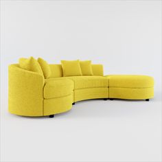 a large yellow sectional sofa with pillows on the top and bottom corner, in front of a white background