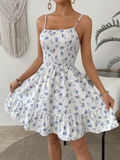 Women Floral Printed Spaghetti Strap Ruffle Hem Mini Dress With Smocked Bodice For Summer White Boho  Sleeveless Woven Fabric Plants,Ditsy Floral,All Over Print Cami Non-Stretch  Women Clothing, size features are:Bust: ,Length: ,Sleeve Length: Cute Sun Dress Outfits, Pretty Sundresses Summer Outfits, Cute Summer Dresses With Sleeves, Clothes For Trip To Italy, Cute Dresses Sewing Pattern, Cute Womens Dresses, Summer Female Outfits, Cute Dresses For 11-12, Summer Ruffle Dress