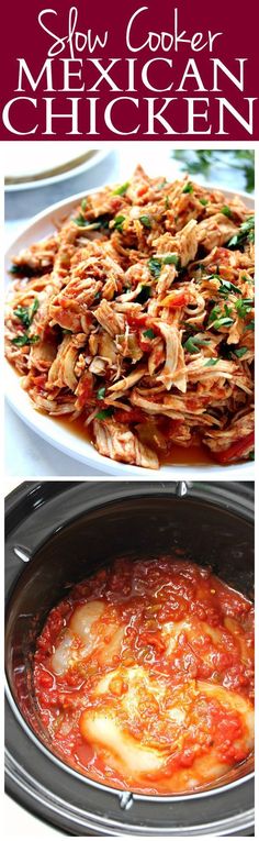 slow cooker mexican chicken recipe in the crock pot with text overlay that reads slow cooker mexican chicken