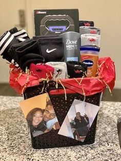 a basket filled with personal items on top of a counter