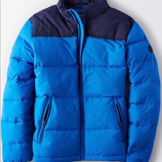 American Eagle Ae Colorblock Mock Neck Puffer Jacket Brand New With Tag Color Block Long Sleeve Outerwear For Outdoor Activities, Casual Nylon Outerwear With Contrast Color, Blue Hooded Outerwear With Contrast Color, Casual Outerwear With Contrast Color For Outdoor Activities, Winter Color Block Outerwear For Outdoor Activities, Navy Color Block Outerwear For Winter, Blue Outdoor Outerwear With Contrast Color, Sporty Blue Nylon Puffer Jacket, Blue Nylon Sporty Puffer Jacket