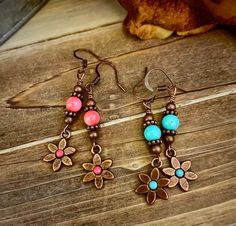 Copper Flower Earrings/flower Earrings/copper Earrings/boho - Etsy Turquoise Bohemian Flower Earrings For Gift, Bohemian Copper Flower Earrings As Gift, Pink Nickel-free Bohemian Flower Earrings, Bohemian Pink Nickel-free Flower Earrings, Bohemian Pink Earrings With Flower Charm, Bohemian Pink Hypoallergenic Earrings, Pink Bohemian Hypoallergenic Earrings, Boho Earrings Diy, Simple Bead Earrings