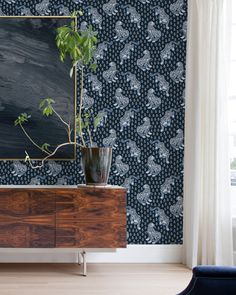 a plant in a vase sitting on top of a wooden cabinet next to a blackboard