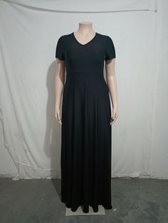 Casual V-neck Solid Short Sleeve Plus Size Dresses Black Plain V-neck Dress, Stretch Solid Color V-neck Maxi Dress, Stretch V-neck Maxi Dress In Solid Color, Stretch V-neck Solid Color Maxi Dress, Chic Plain V-neck Dresses, Stretch V-neck Maxi Dress, Plain Solid V-neck Maxi Dress, Solid Plain V-neck Maxi Dress, Solid V-neck Maxi Dress