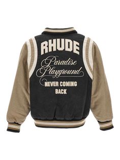 Rhude Washed Canvas Varsity Jacket Black/Khaki/Elephant RHPF23JA161636821682GSKU_PF23JA161636821682 Baseball Jacket Outfit, La Fashion, Black Khakis, 로고 디자인, Rick Owens, Jacket Outfits, Snap Button, Varsity Jacket, Sweat Shirt