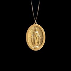 Yellow Gold Miraculous Medal As Gift, 14k Gold Miraculous Medal As A Gift, 14k Gold Miraculous Medal As Gift, Yellow Gold Pendant Jewelry For Blessing, Spiritual Gold Plated Oval Pendant Jewelry, Gold Plated Spiritual Medallion Jewelry, Spiritual Gold-plated Oval Pendant Jewelry, Yellow Gold Miraculous Medal Necklace As Gift, Spiritual White Gold Necklaces For Commemoration