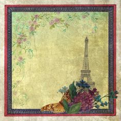 a painting of the eiffel tower with flowers and butterflies in front of it