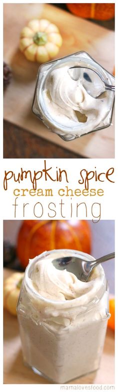 pumpkin spice cream cheese frosting in a small glass bowl with a spoon on the side