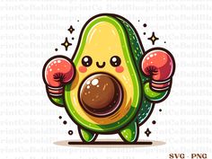 an avocado with boxing gloves on it's head and one hand in the air