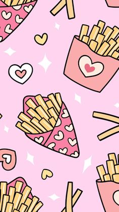 french fries and hearts on a pink background