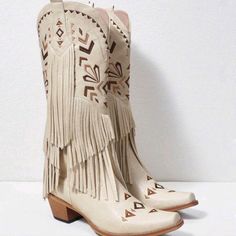 Womens Fringe Tassel Decor Fringe Western Boots Slip On Upper Material: Pu Leather Lining Material: Fabric Insole Material: Fabric Outsole Material: Rubber Western Summer Boots With Fringe, Western Boots With Tassels And Round Toe, Western Fringe Boots For Summer, Spring Bohemian Boots With Fringe, Bohemian White Boots For Fall, Cowgirl Core, Decor Western, Tassel Decor, Tassels Decor