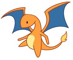 an orange and blue dragon with wings on it's back, standing in the air